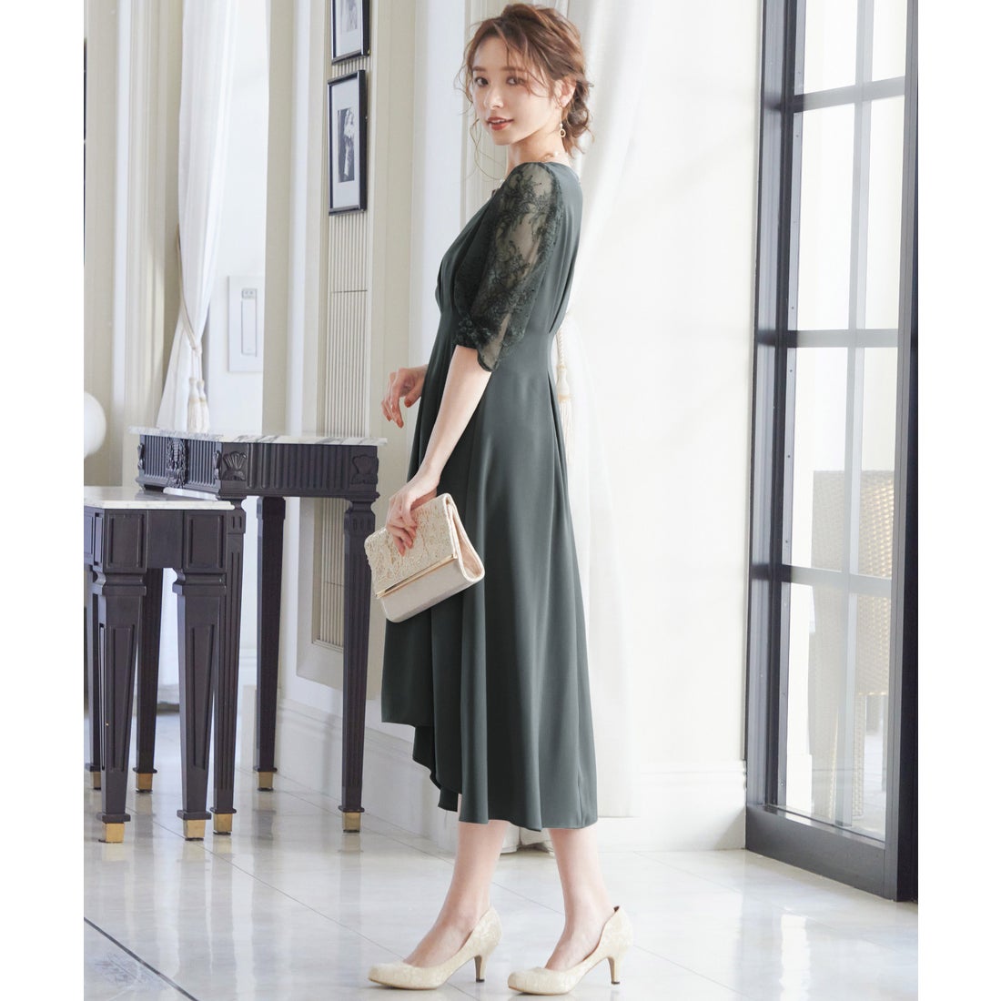 ニアナ niana 結婚式 ワンピース パーティードレス レース袖 Aライン