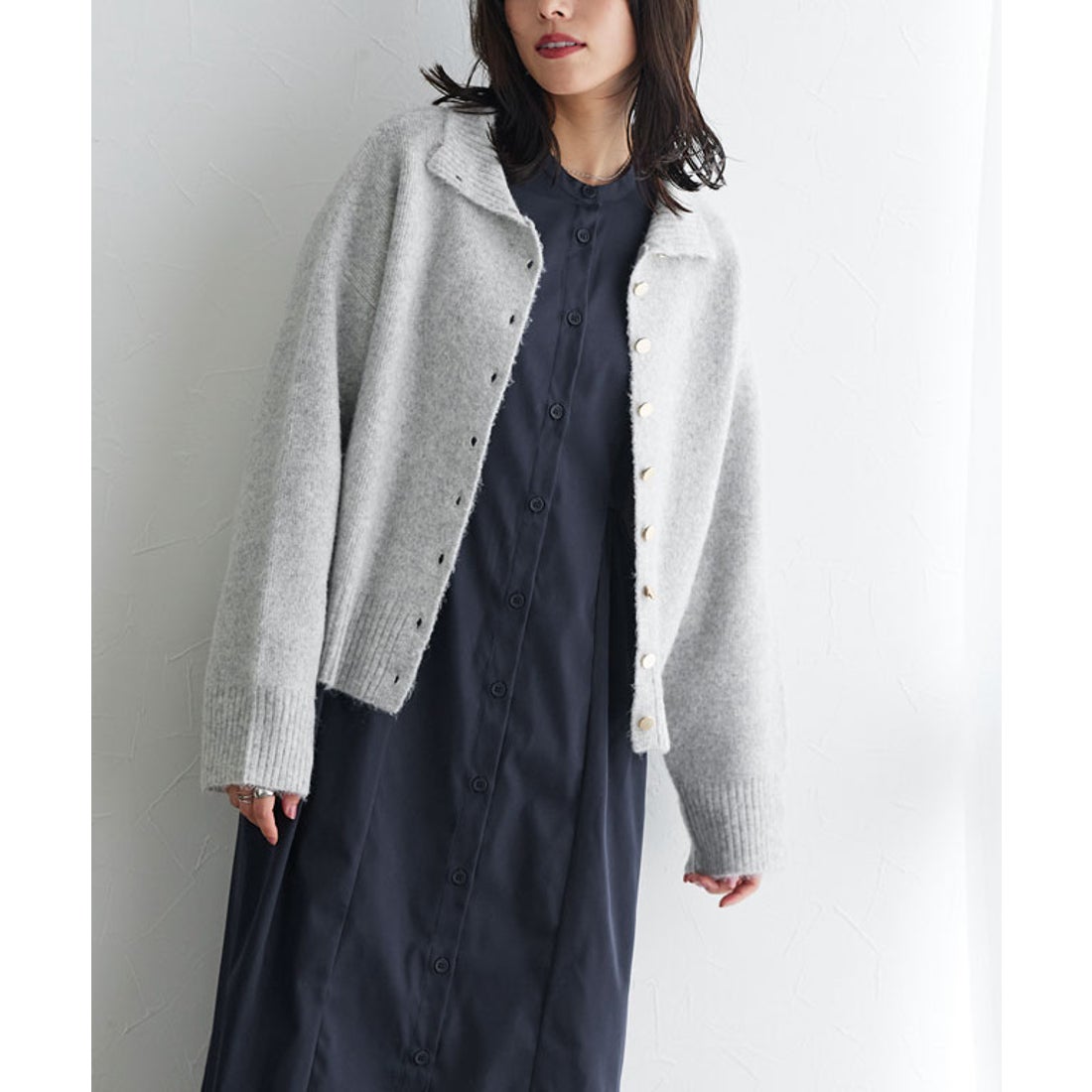 Pierrot ニットカーディガンワンピースセット （杢グレー×ネイビー