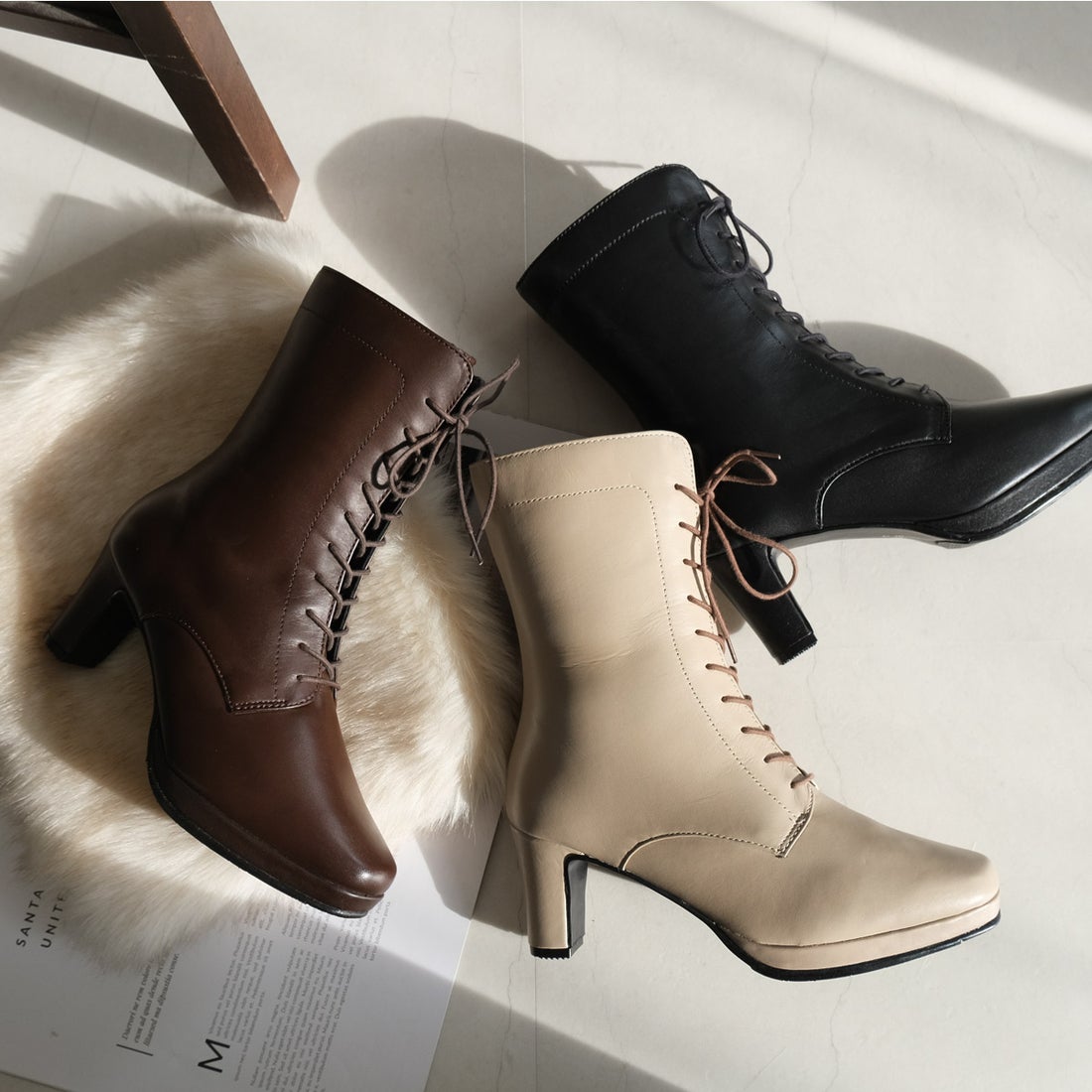 pointer 【本革】レースアップショートブーツ ブーツ 革 6cmヒール