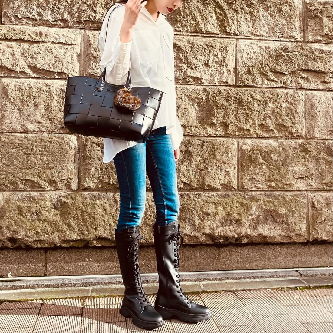 プラスダイアナ ＋diana 【軽量】レースアップロングブーツ （黒人工