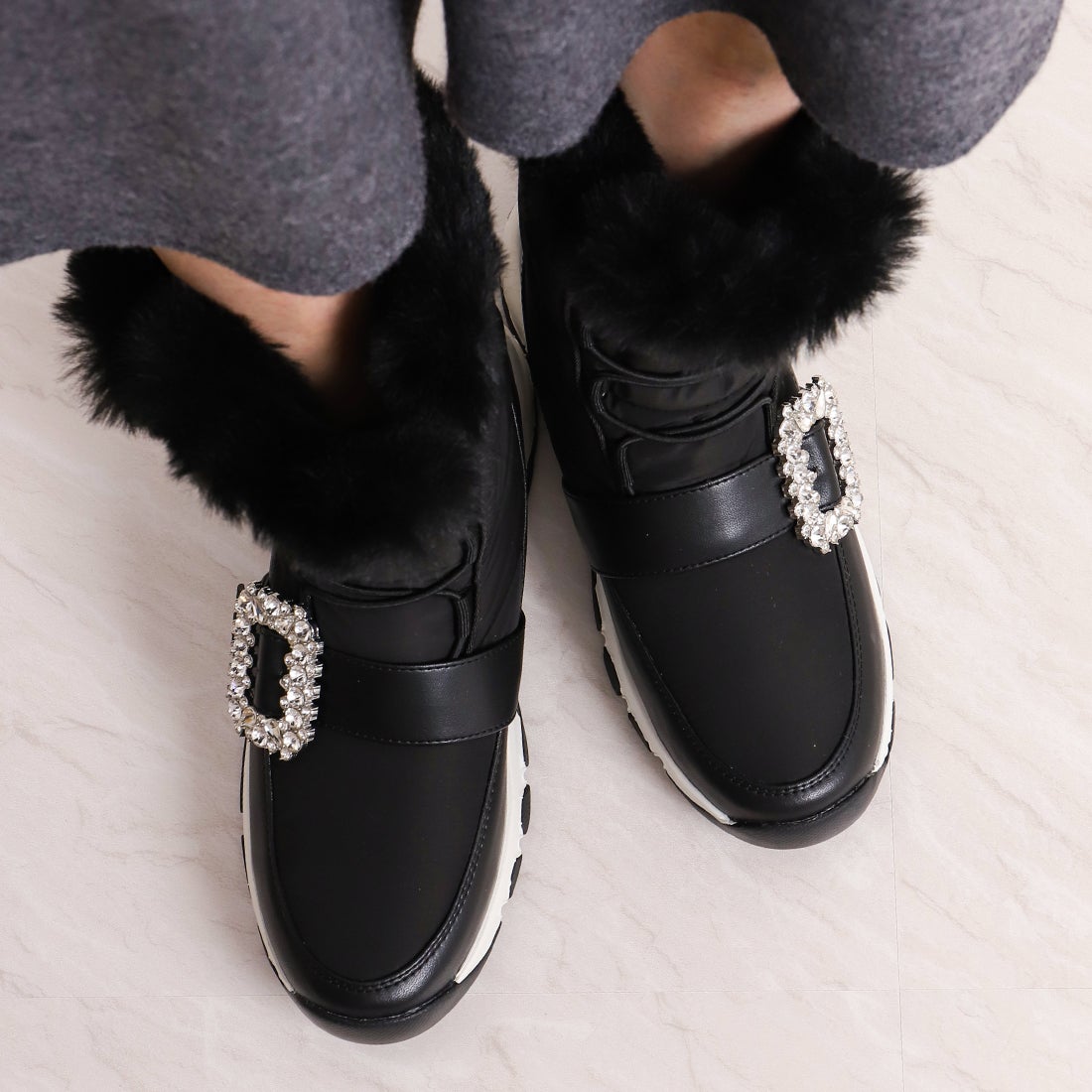 プラスダイアナ ＋diana クリスタルバックル ミドル丈スノーブーツ