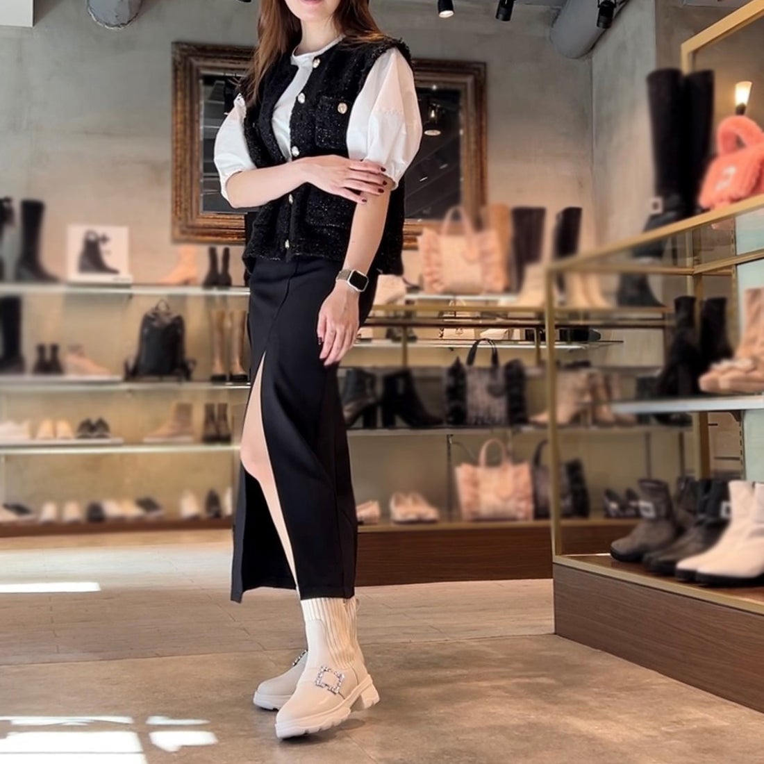 プラスダイアナ ＋diana リブニットショートブーツ （アイボリー人工