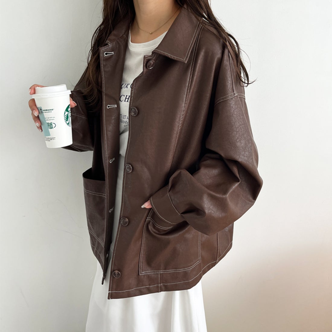 ジーラ GeeRA 配色ステッチフェイクレザージャケット （ブラウン