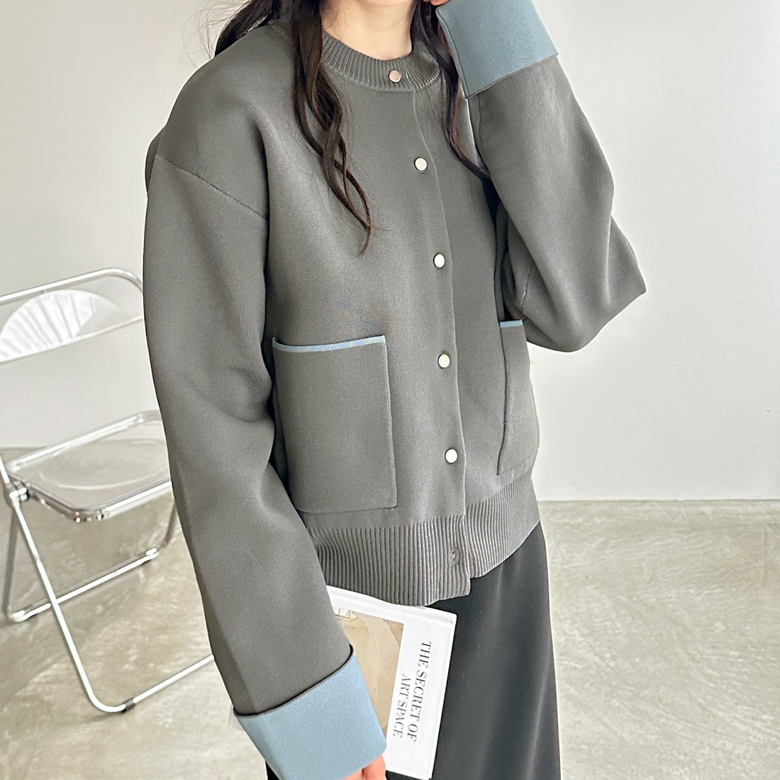 ジーラ GeeRA 羽織にもなる！配色カラーニットカーディガン （グレー