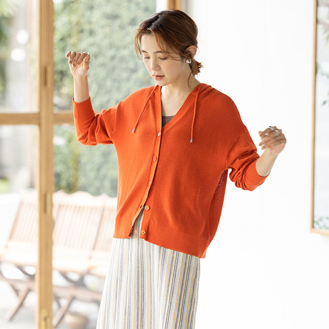 ジーラ GeeRA フード付サマーニットカーディガン （オレンジ