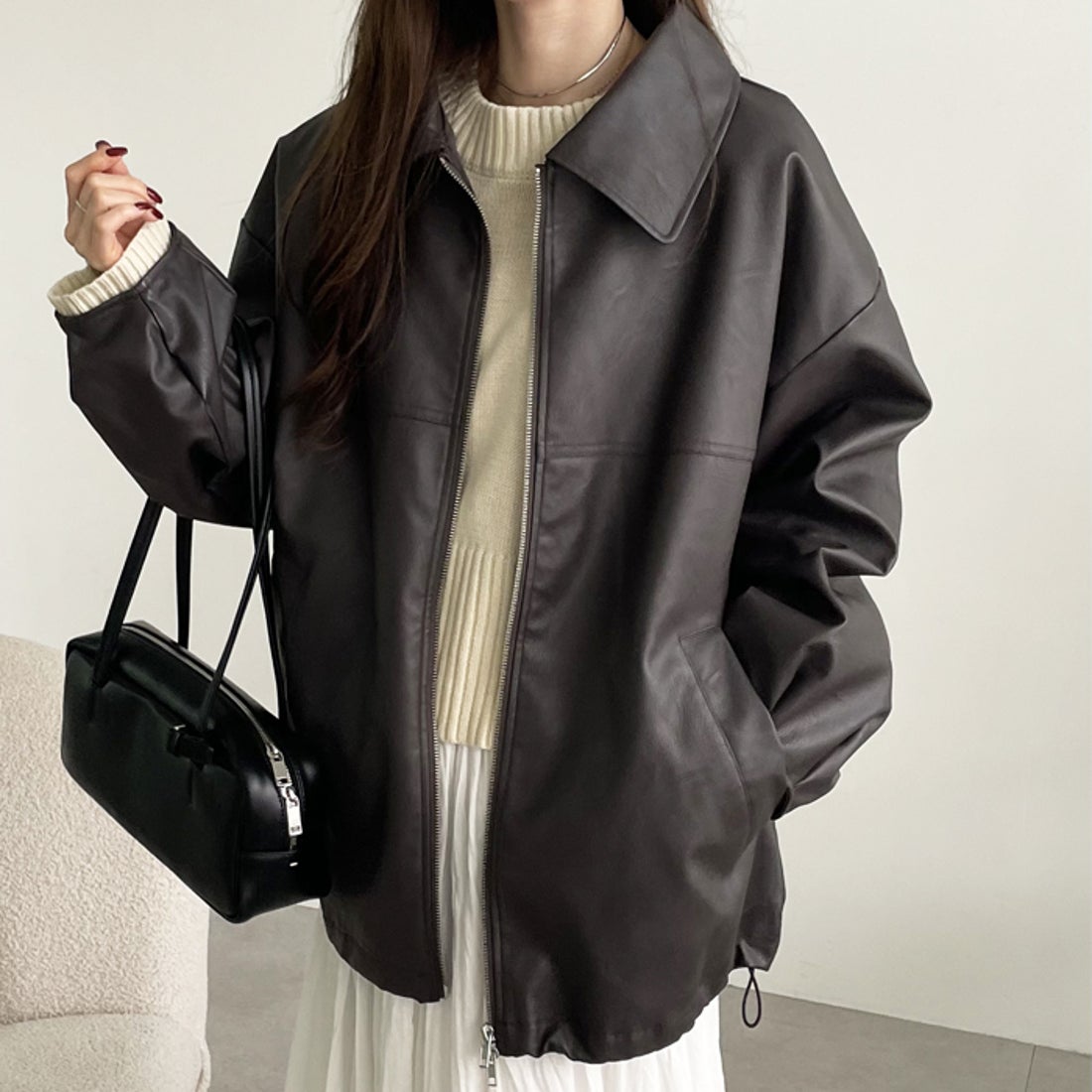 ジーラ GeeRA 2WAY衿フェイクレザージャケット （ブラウン