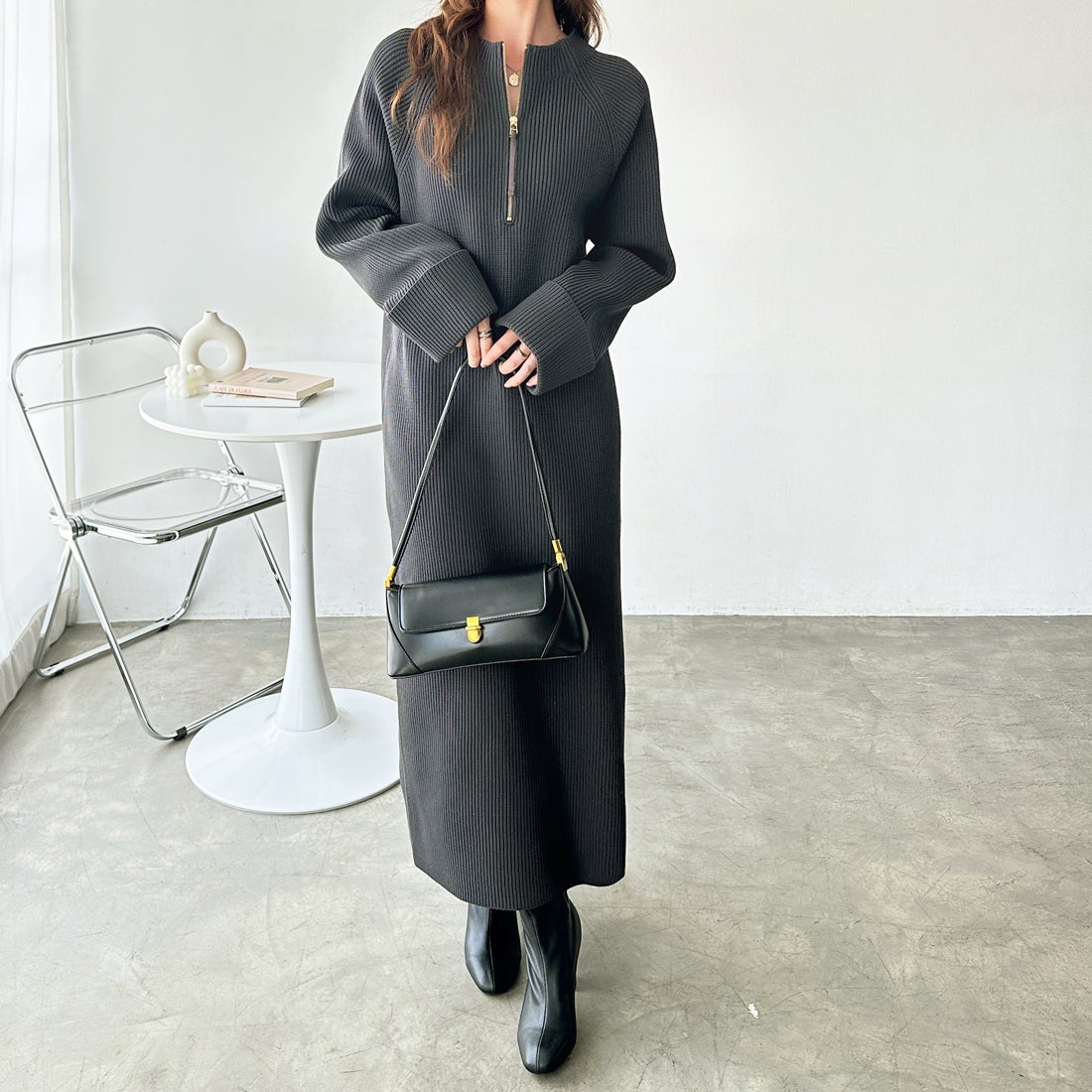 ジーラ GeeRA 前後2WAYハーフジップニットワンピース （グレーミックス