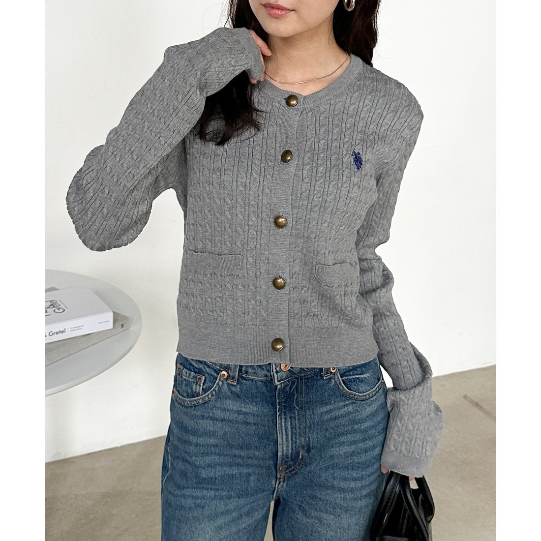 ラナン RANAN 【U.S. POLO ASSN.】ゴールドボタン刺繍ケーブルニット