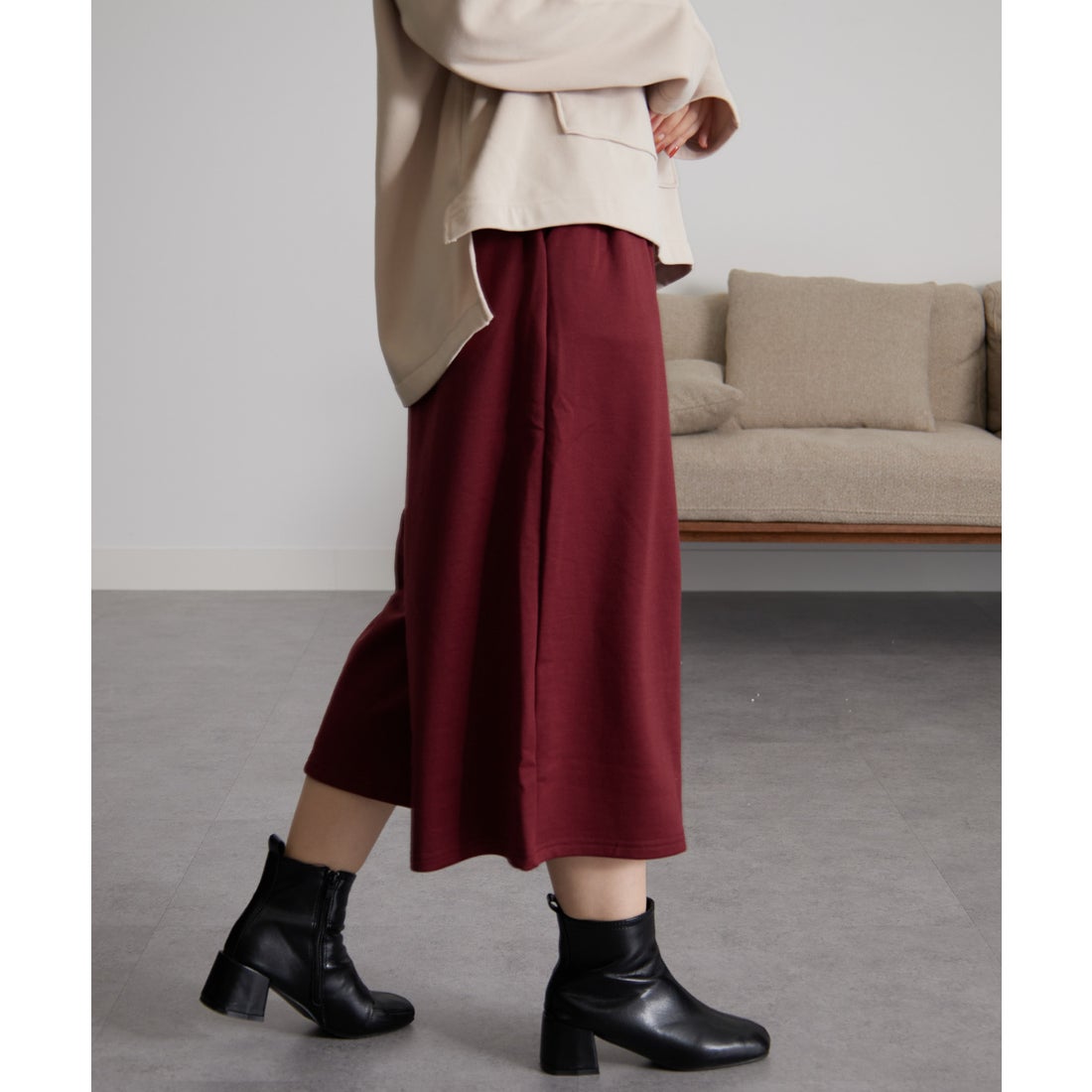 ラナン RANAN 裏起毛ロングクロップドガウチョパンツ （ボルドー） -靴