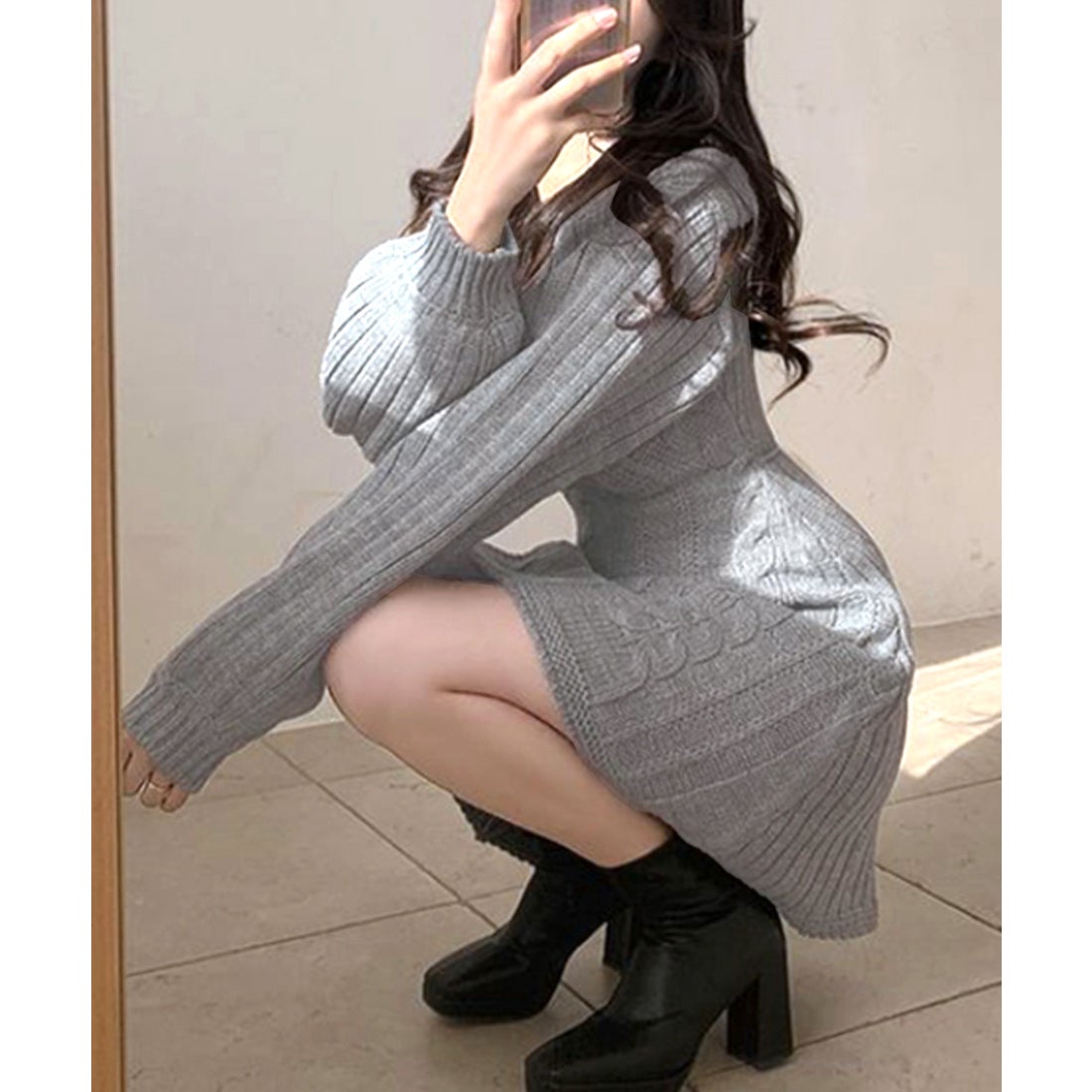 リフ Riff ケーブルニットミニワンピース ケーブル編み Vネック