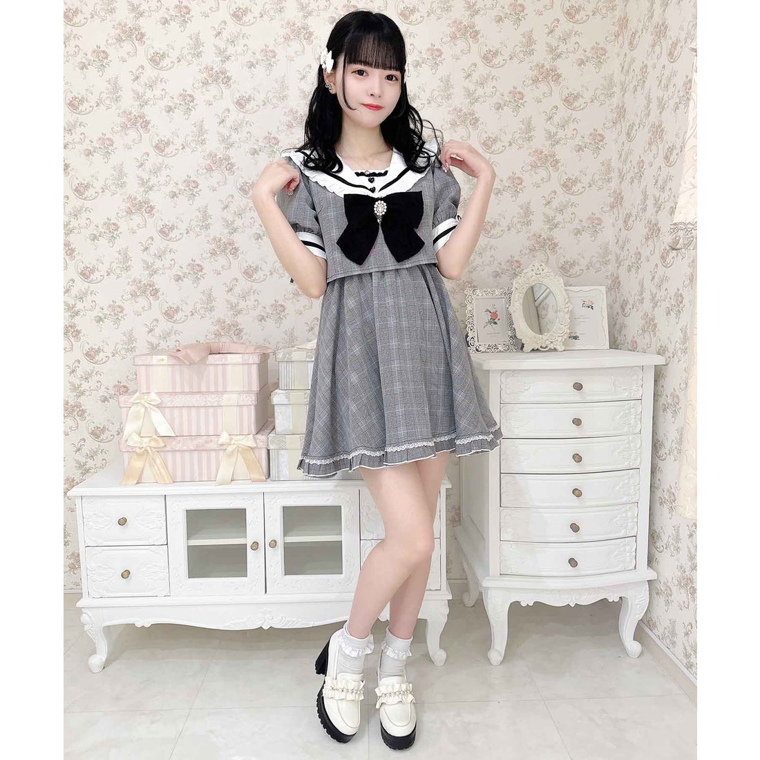 ロジータ ROJITA チェック柄セーラーワンピース （ブラック） -靴