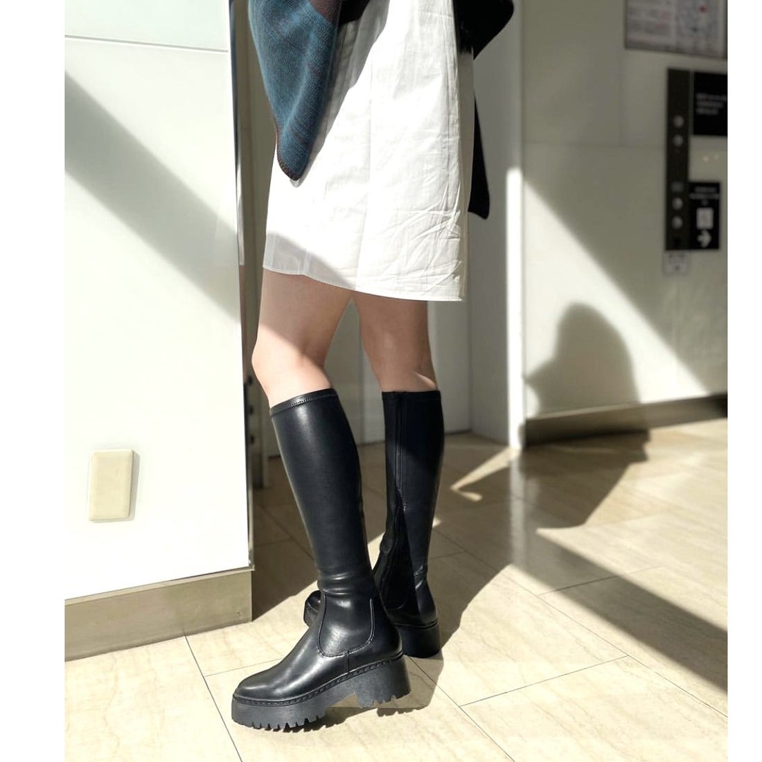 アールアンドイー R&E 厚底ラバーソールストレッチロングブーツ