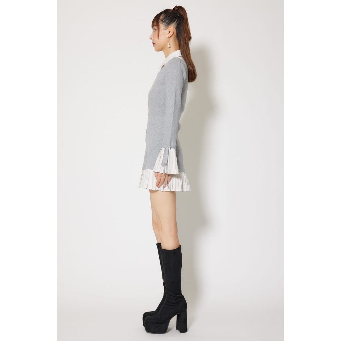 rienda レイヤードパターンシャツニットミニワンピース GRY