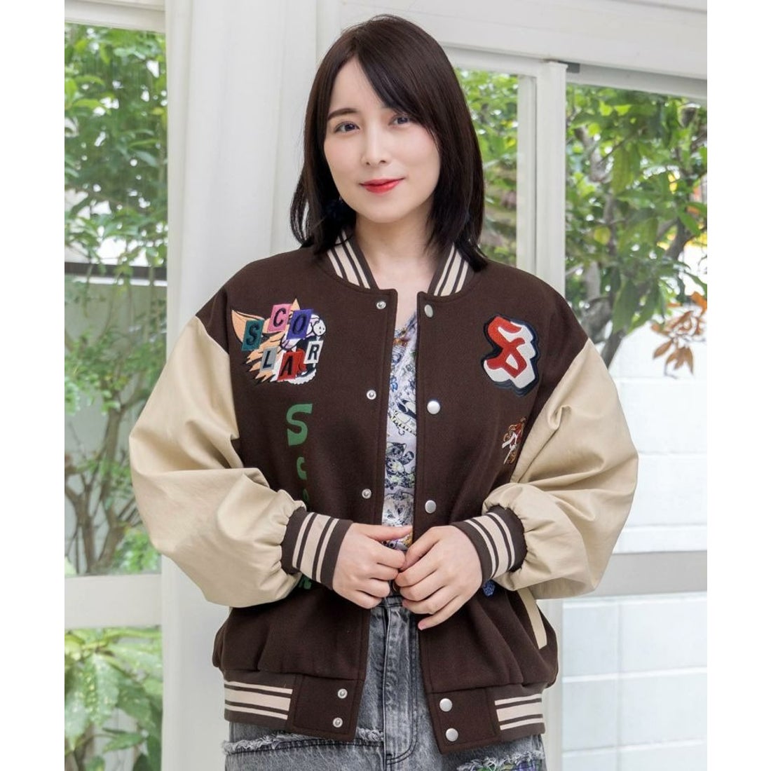 スカラー ScoLar メルトン×合皮 異素材切替スタジャン （ブラウン