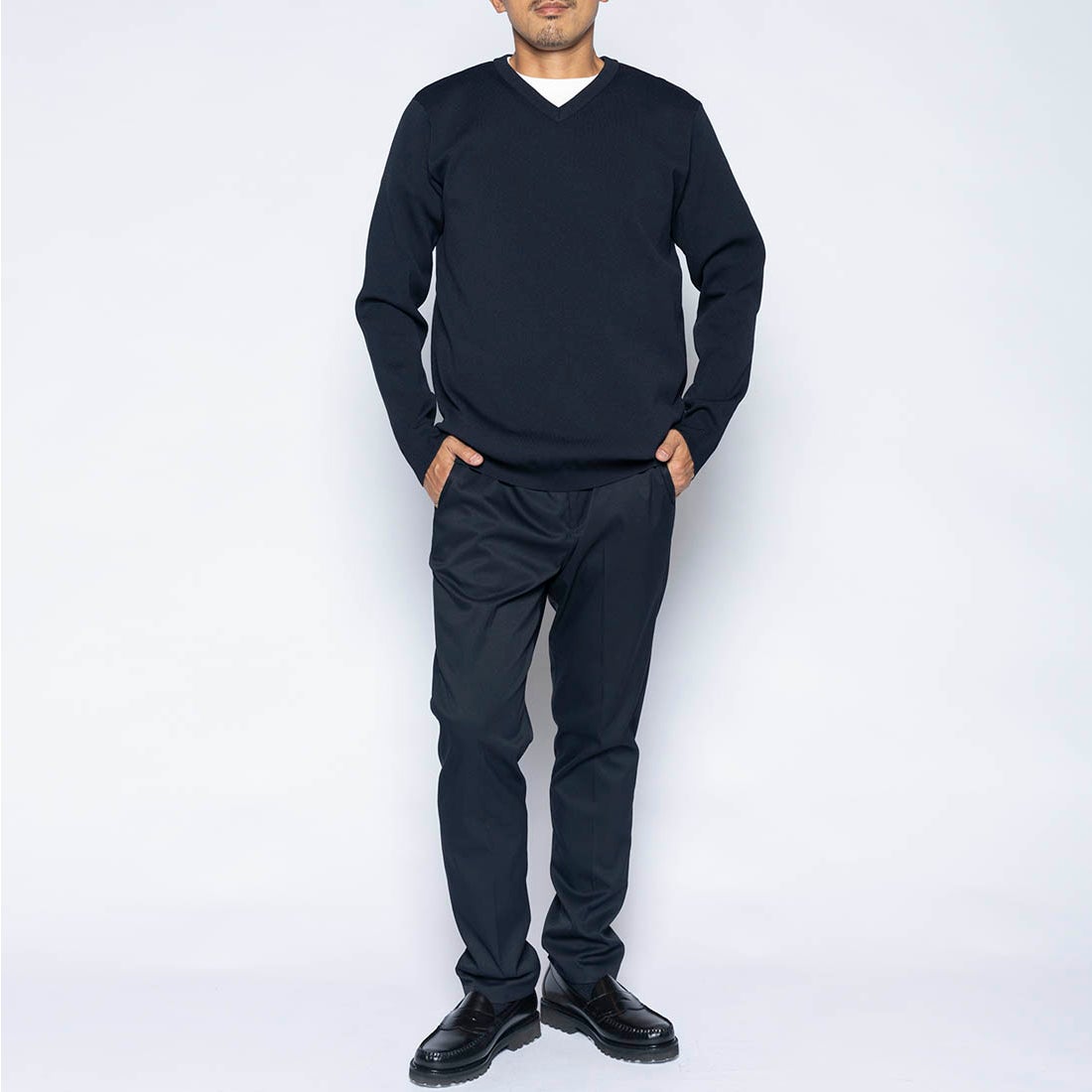 洗えるストレッチニット・Vネック （ダークネイビー） -WWSワーク