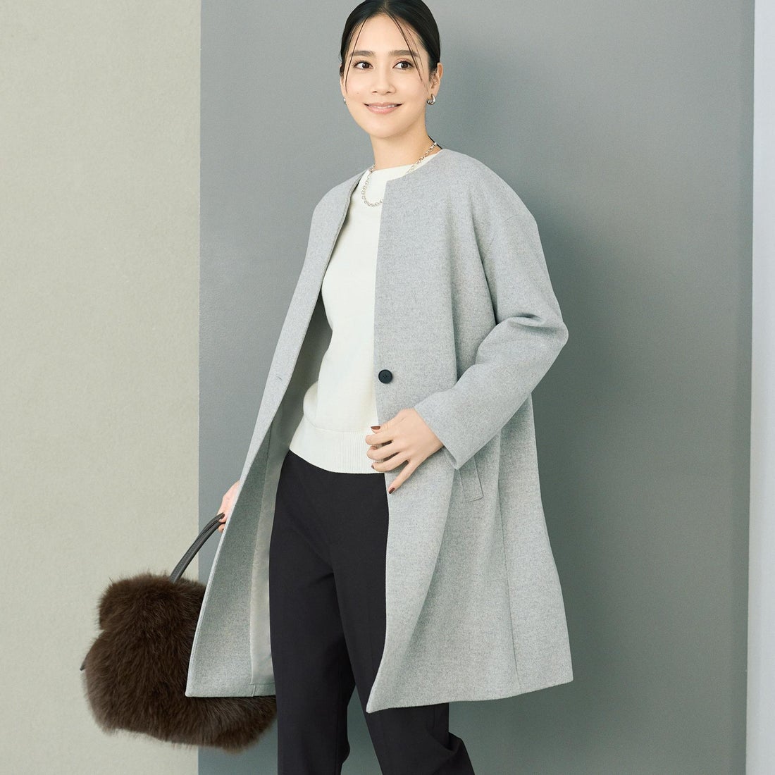 アンタイトル UNTITLED カシミヤ混ノーカラーコート （ライトグレー