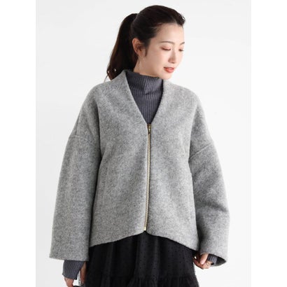 ヴァン Vin Vネックウールブレンドショートコート （杢グレー