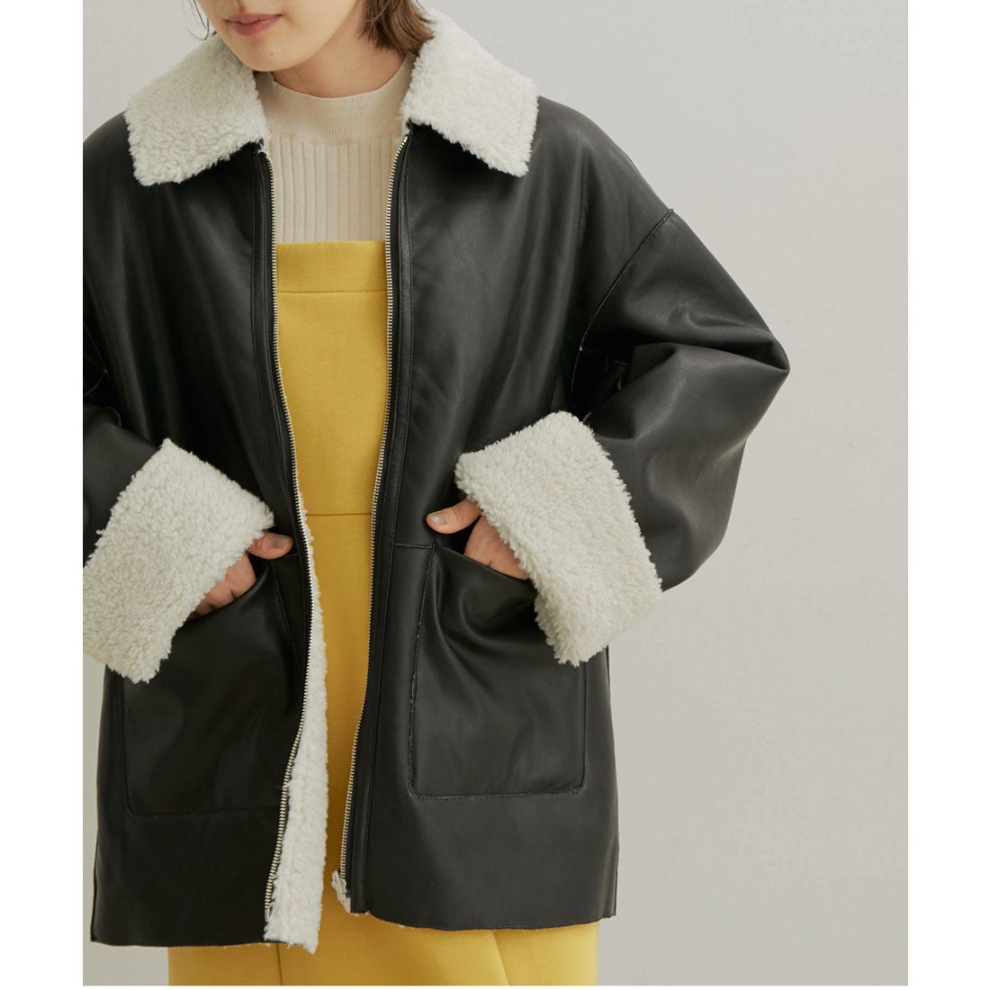 andrea&co. フェイクレザーボアブルゾン ブラック AUBREY andrea&co