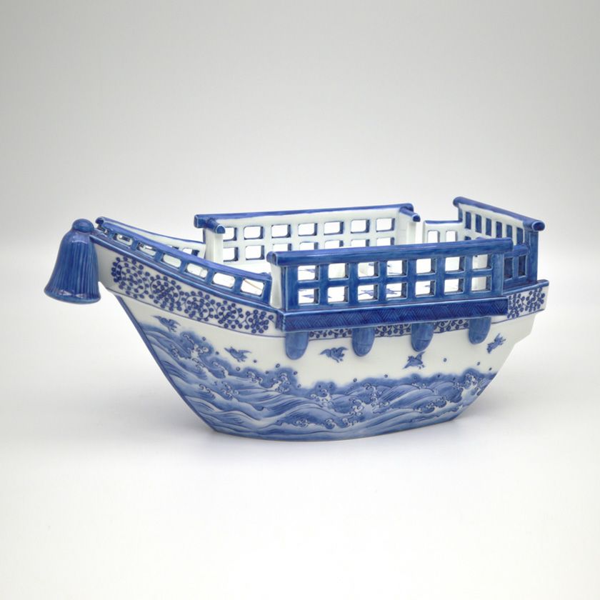 茶道具 水指（水差・みずさし） 立礼用水指 水指 染付 船 横石 嘉助