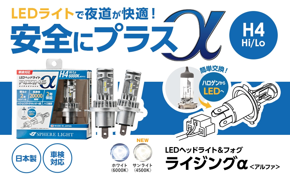 日本製LEDヘッドライト RIZINGアルファ H19 6000K 2年保証 [SRACH19060