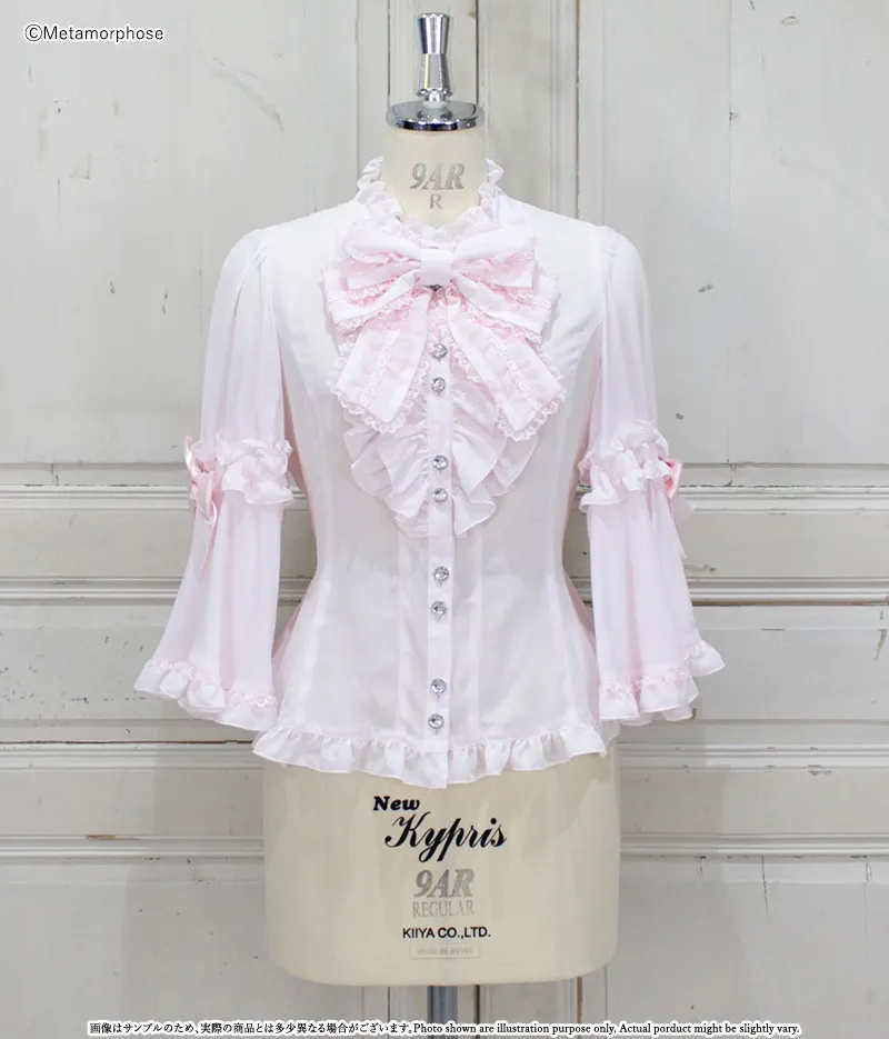 プラスサイズ】スタンドカラーフリルリボン姫袖ブラウス - ブラウス