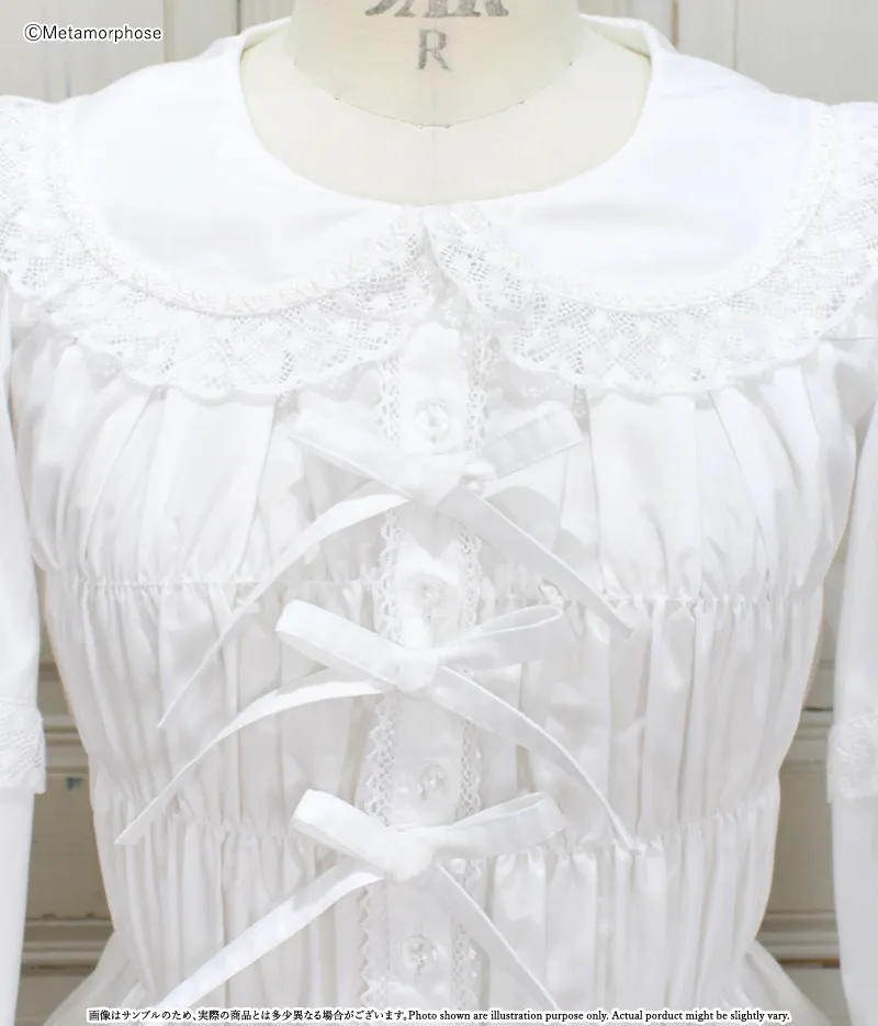 プラスサイズ】レース切替丸襟シャーリングブラウス - ブラウス