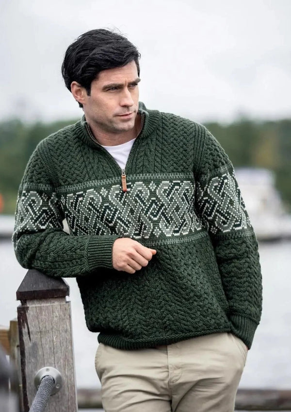Men's Celtic Jacquard Zip Sweater Green | 100% Merino Wool | Aran