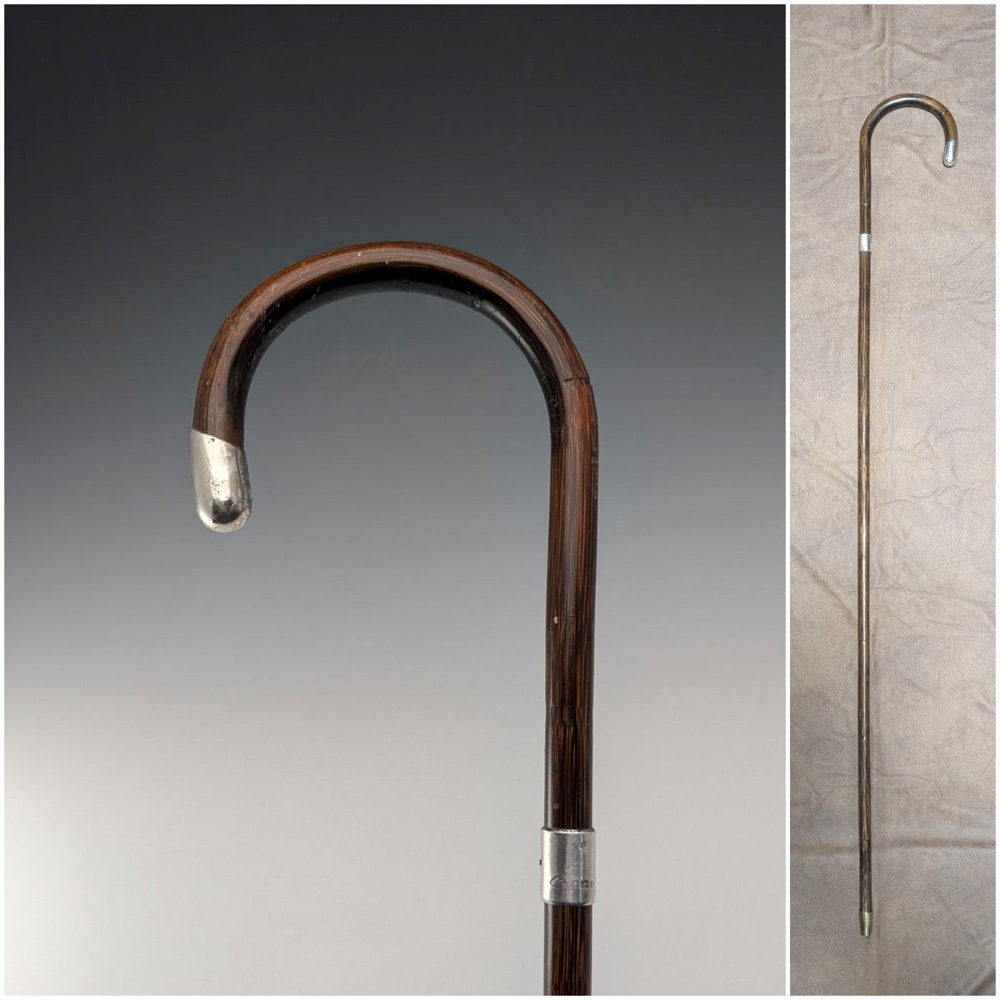 1899年 英国アンティーク 紳士用 純銀装飾 ホーンハンドル ステッキ 杖