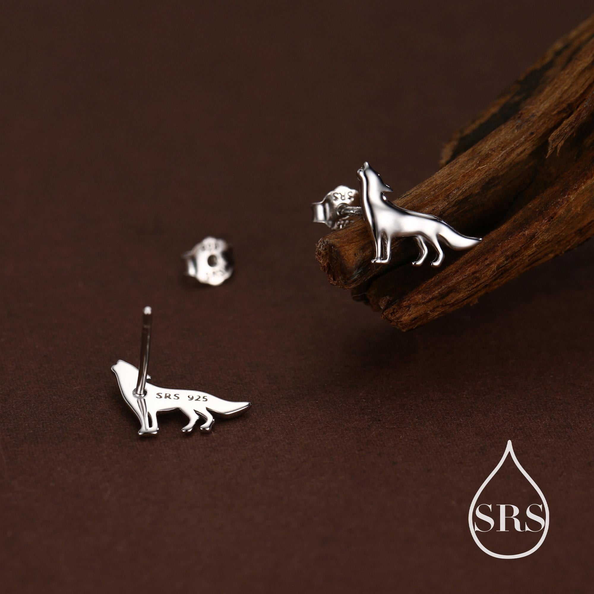 Howling Wolf Stud Earrings in Sterling Silver, Silver or Gold