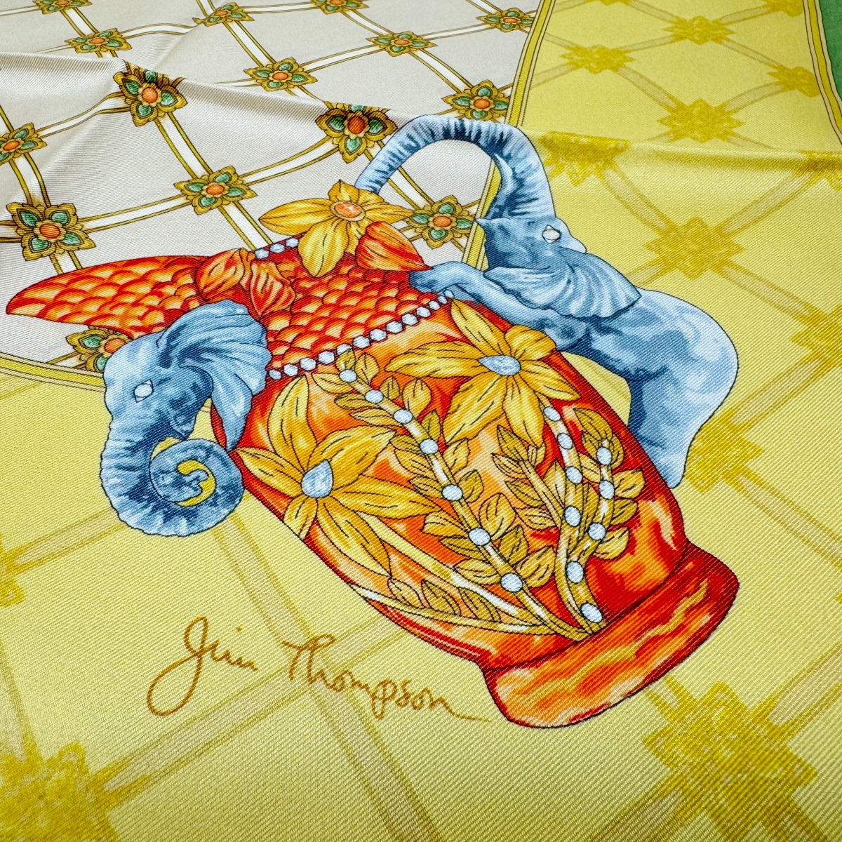 シルクスカーフ 象・野鳥柄（緑・黄色・クリーム色） - ジムトンプソン