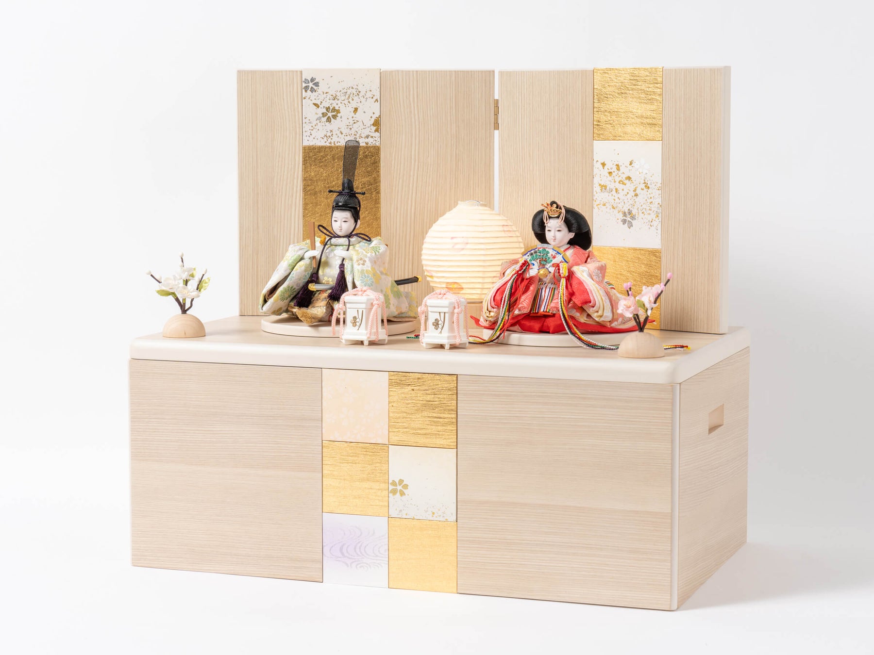 沙羅収納飾り 木目白 若菜色｜雛人形 お雛様 コンパクトでおしゃれ