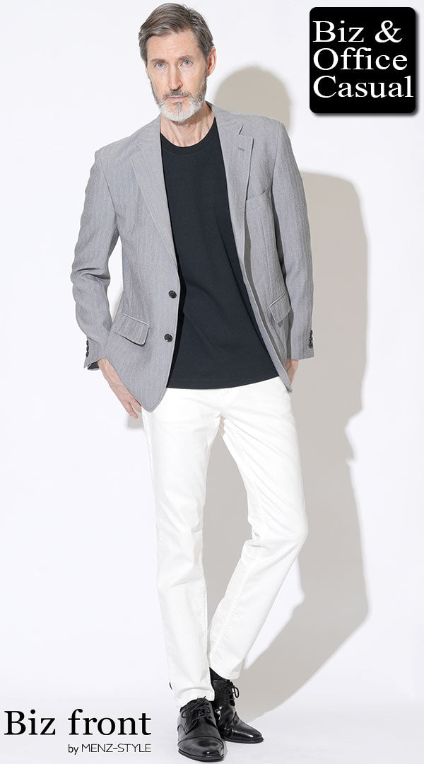 60代】グレー夏ジャケット×黒Tシャツ×白パンツ biz23ss1207の