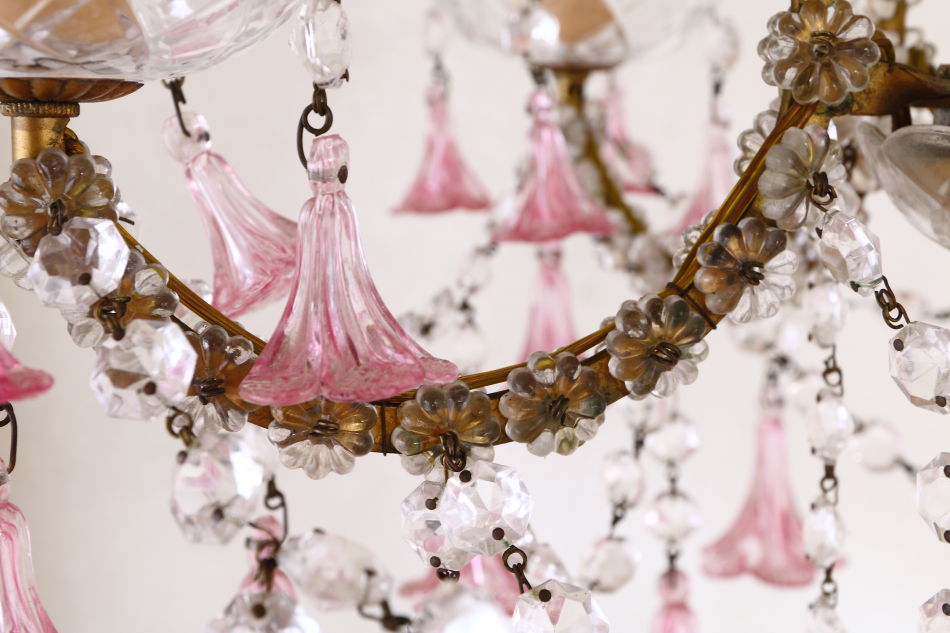 イタリアンムラーノガラス ピンククリスタルシャンデリア(5灯