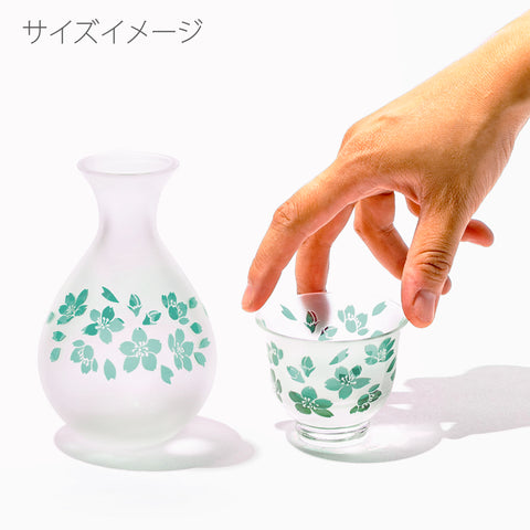 彫刻 夢柄子 桜紋 酒器三点揃 ピンク/グリーン ｜江戸切子グラスなら