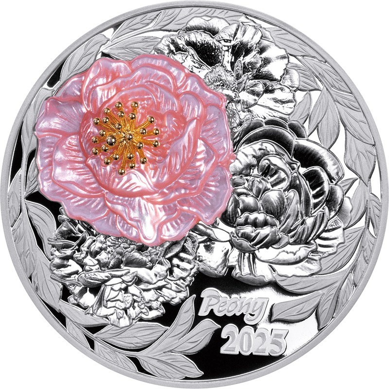 ソロモン諸島 2025年 魅力的なシャクヤクの花 5ドル銀貨天然真珠層・金