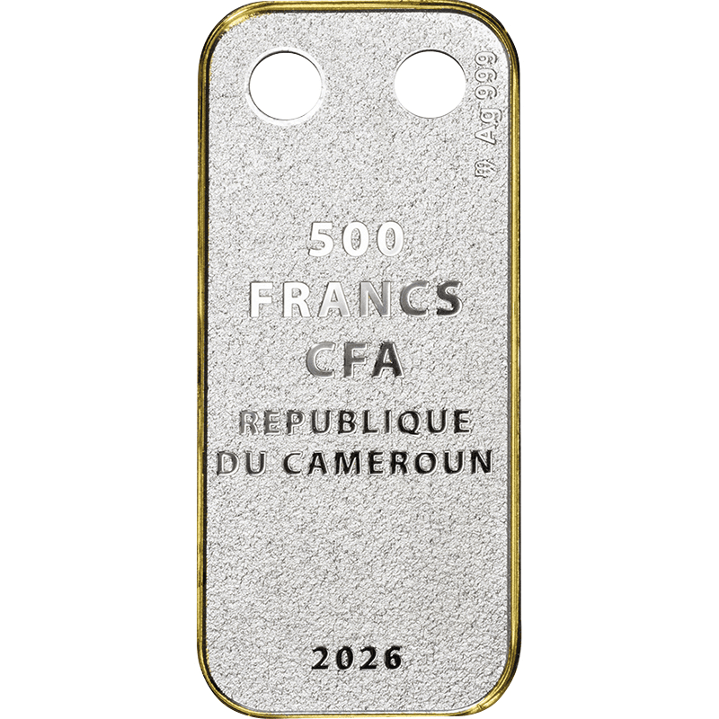 カメルーン 2026年 午年馬図 500フラン穴あき長方形銀貨金メッキ付