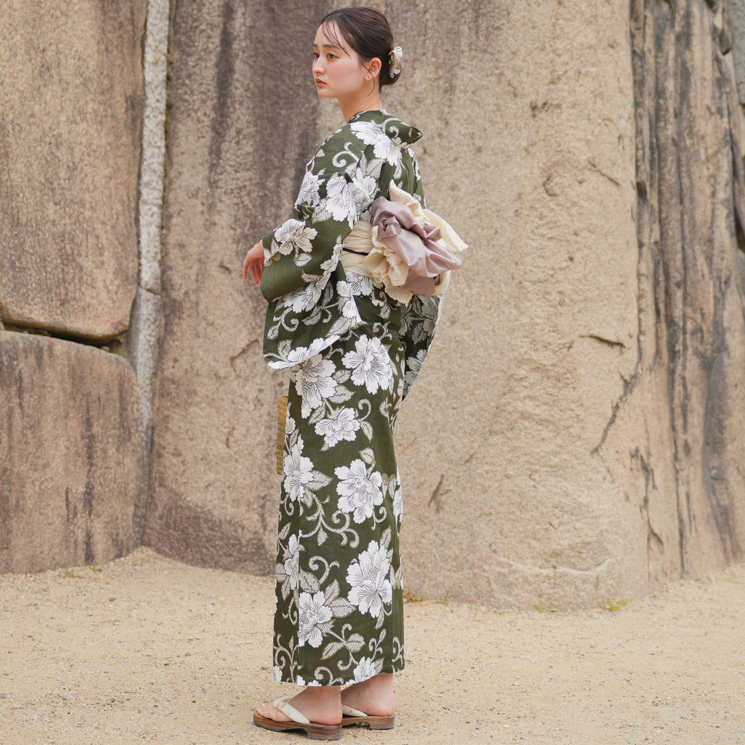 大人の絞り浴衣 ダークグリーン 深緑 希少ふくよかサイズused 大人の