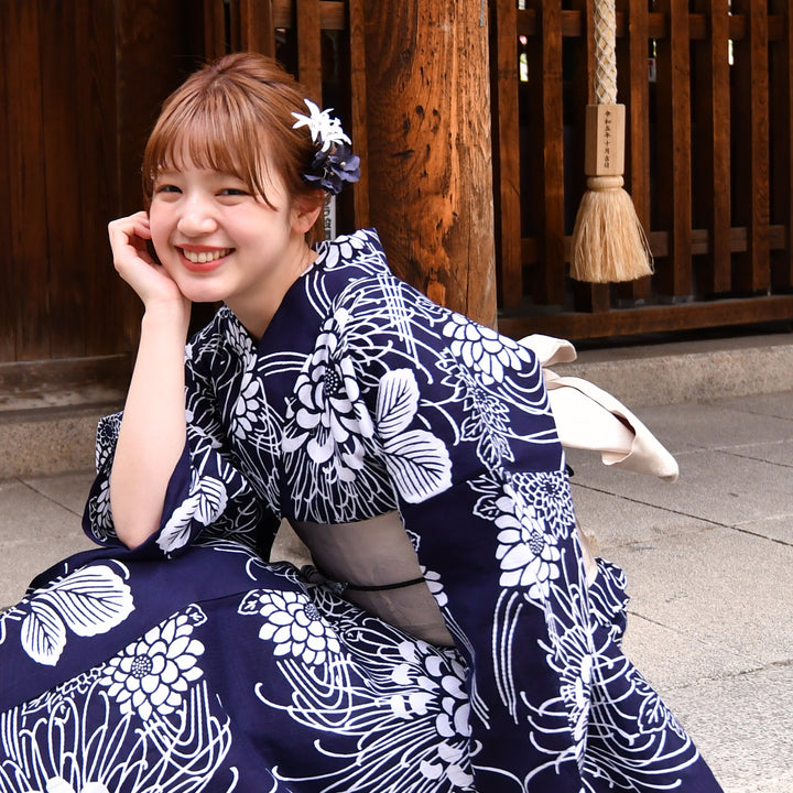 utatane × 注染工房 浴衣3点セット ( ゆかた・帯・下駄 ) 藍色に大輪の