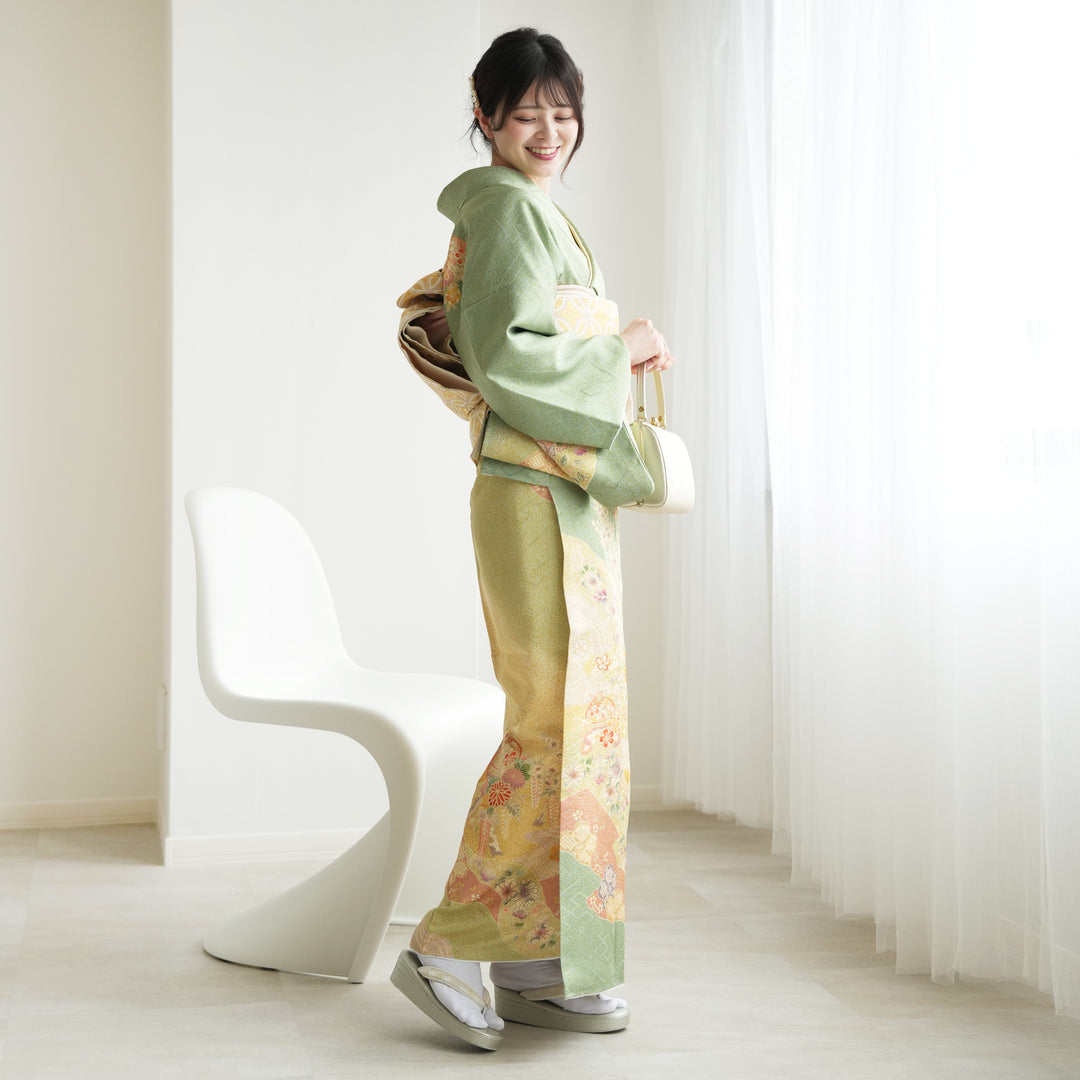 レンタル】 訪問着 20点セット 緑系 西陣織帯 金彩 辻が花 入学式 卒業