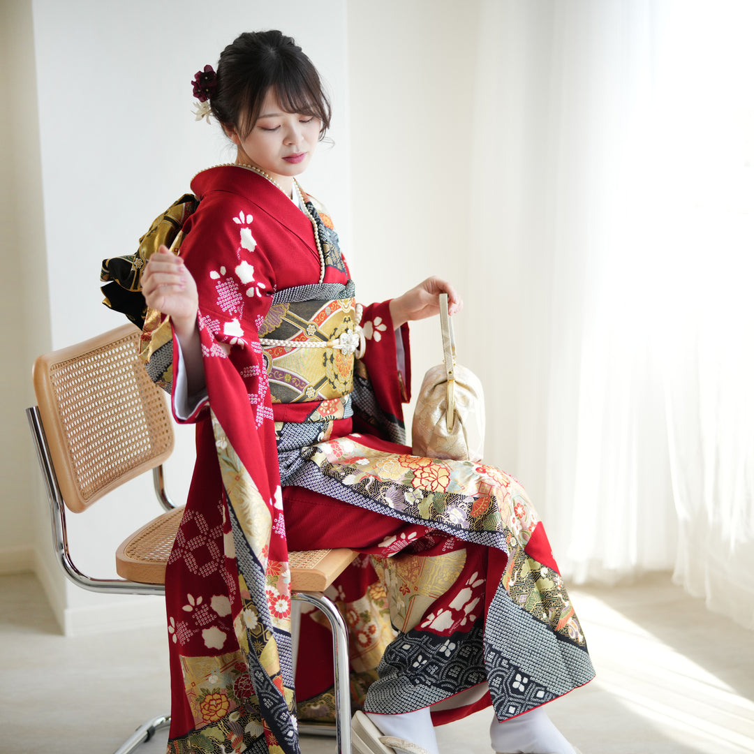 レンタル】 振袖 着物セット 正絹着物+正絹袋帯 21点セット 絵羽 成人