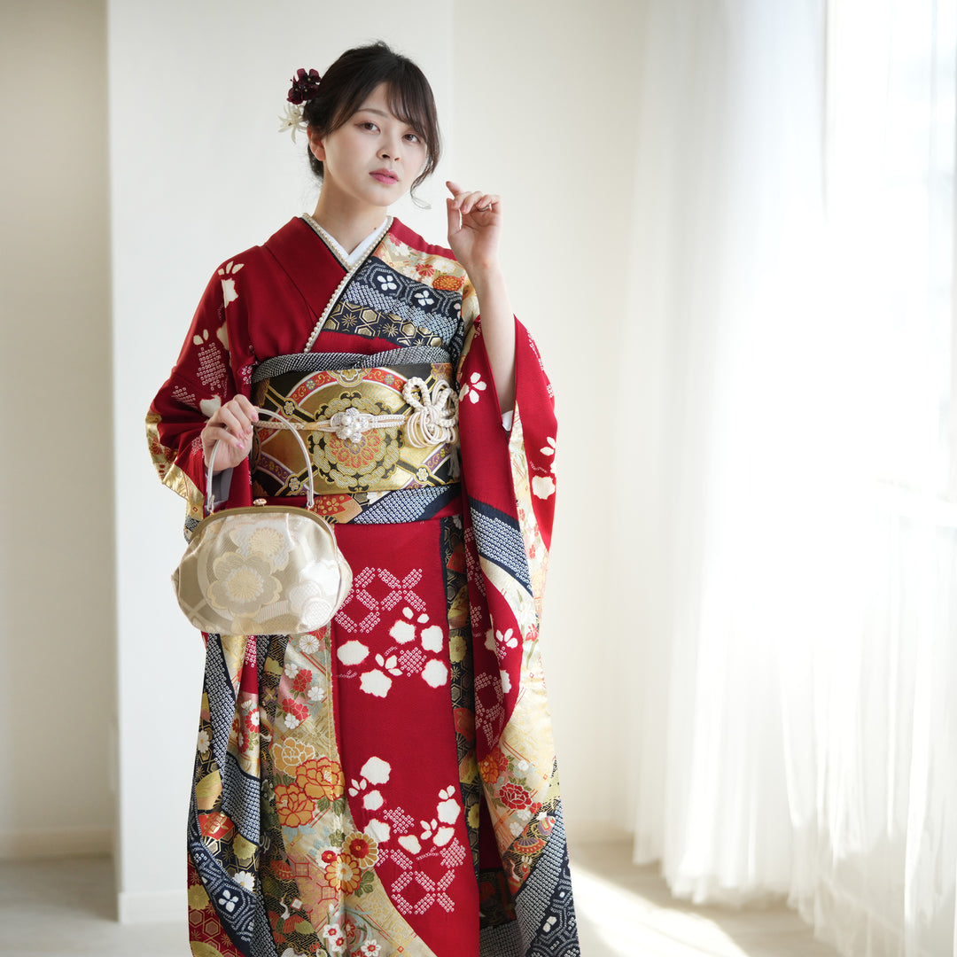 レンタル】 振袖 着物セット 正絹着物+正絹袋帯 21点セット 絵羽 成人