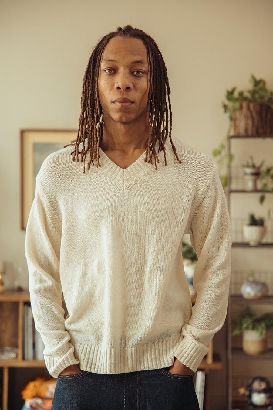 Auralee Summer Cashmere Knit V-Neck P/O | Ivory White | Canoe Club