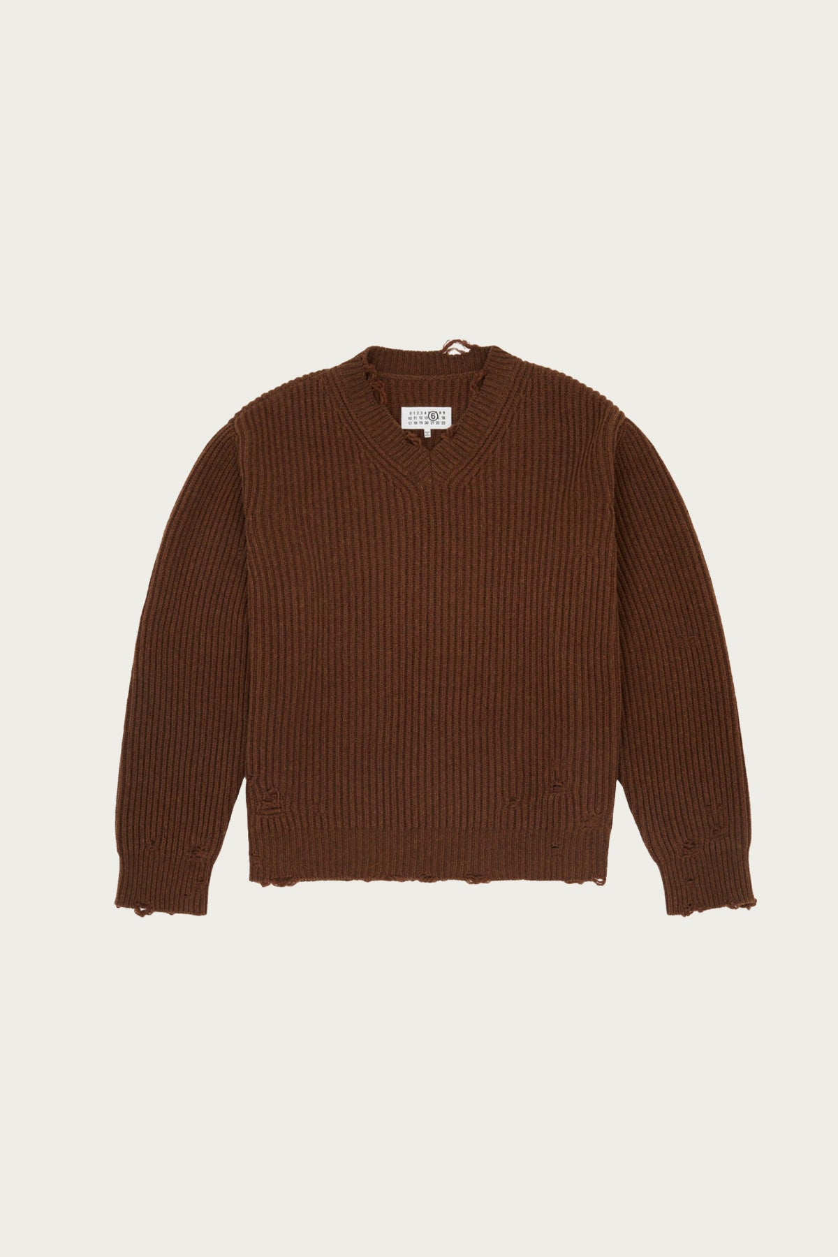 MM6 Maison Margiela Distressed V-Neck Sweater | Brown | Canoe Club