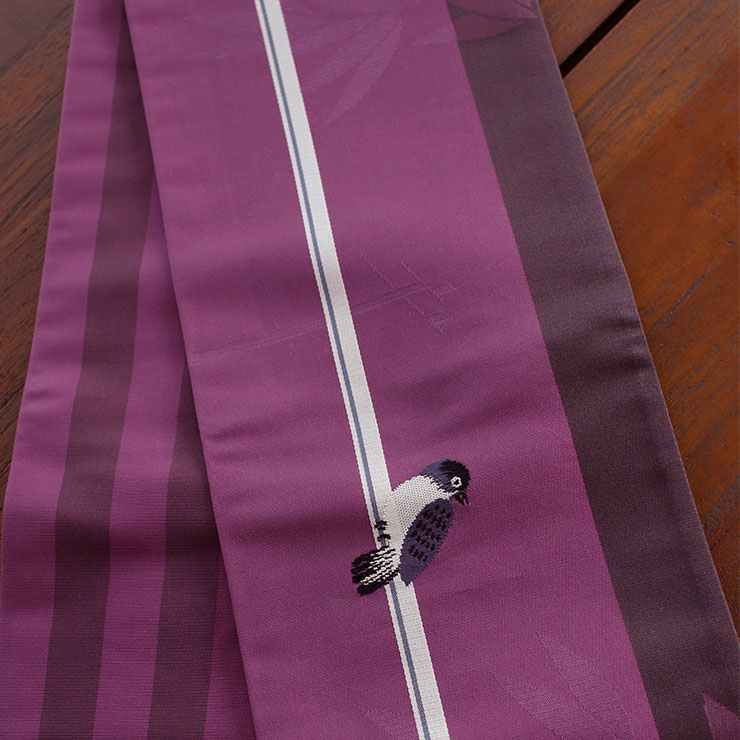 リバーシブル 細帯 半巾帯 すずめ ムラサキ 紫 縞 スズメ 雀 鳥 バード