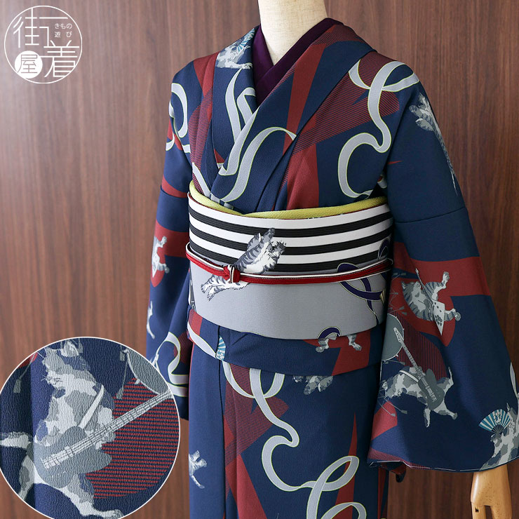 洗える着物] 撫松庵 袷 きもの 猫ロック (104-123-001 79 ネイビー