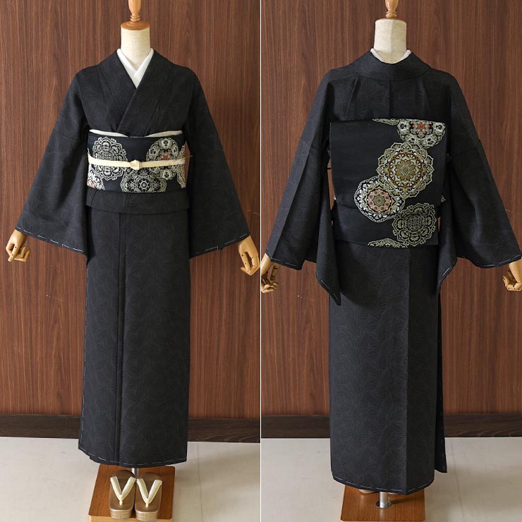 洗える 着物] 小紋 着物 袷 葉模様 黒 ブラック JMA-37 無地感 色無地