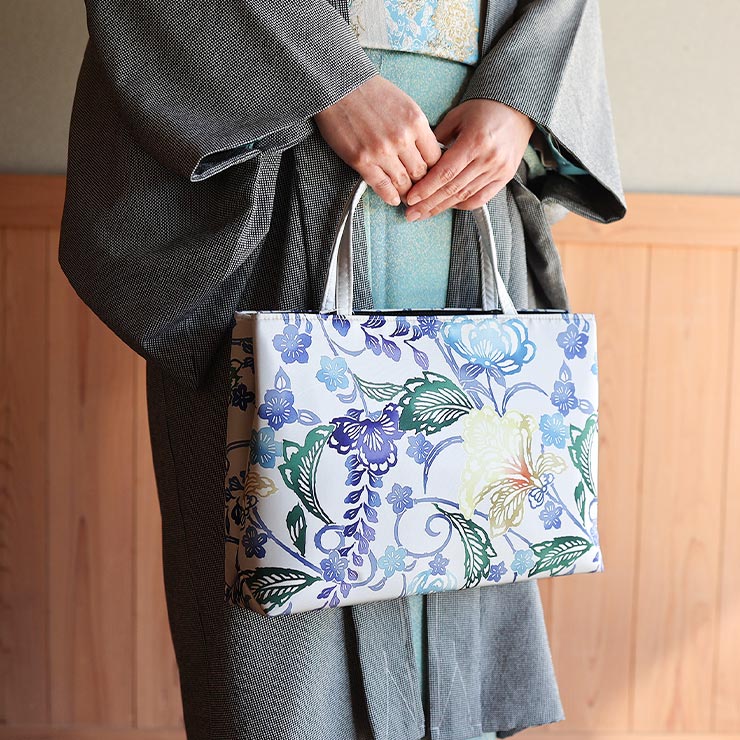 日本製] 召しませ花 和装バッグ 花そよぎ ライトグレー 灰色 花柄