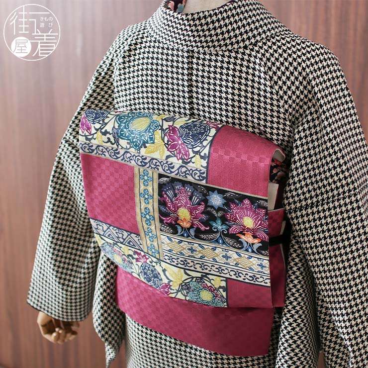 正絹 名古屋帯] 召しませ花 一重太鼓 京袋帯 浪漫更紗 (紅紫) 日本製