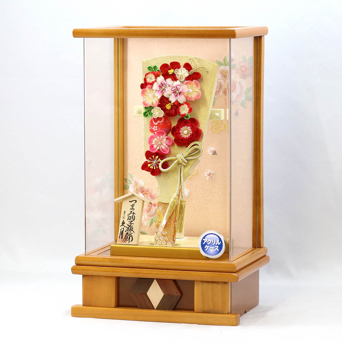 久月 羽子板 お祝い 初正月 9号 つまみ細工 羽子板 金赤花 杏 木目