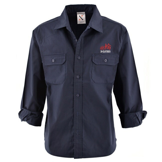 ワンポイント リアル 刺繍 長袖 ワークシャツ メンズ オリジナル 黒